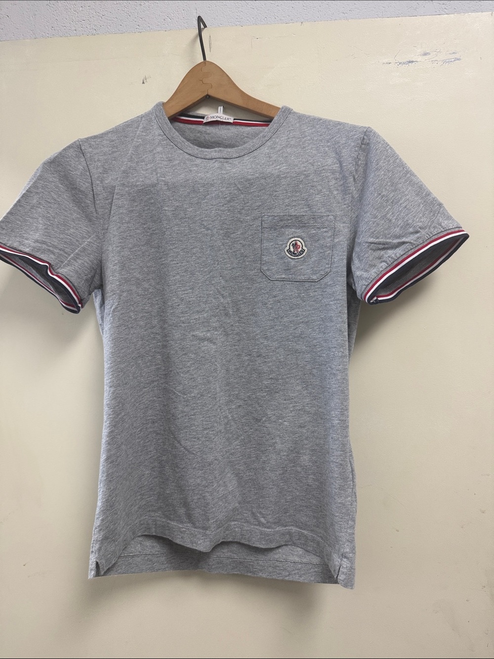 Moncler Maglia Grey Short-Sleeve Pocket Tee with Tricolor Sleeve Trim - Size S